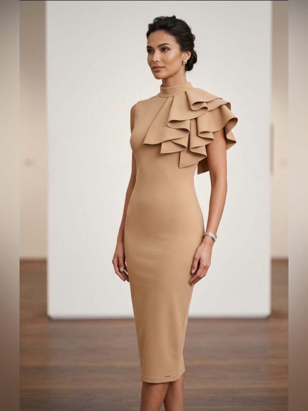 Camel Tan Ruffle Shoulder Midi Dress Medium M Cocktail Wedding Guest Elegant